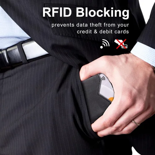 Miniatura 4 de GSOIAX Cartera delgada para hombre, piel auténtica, piel vacuna minimalista con bloqueo RFID y caja de regalo, Negro -, Slim