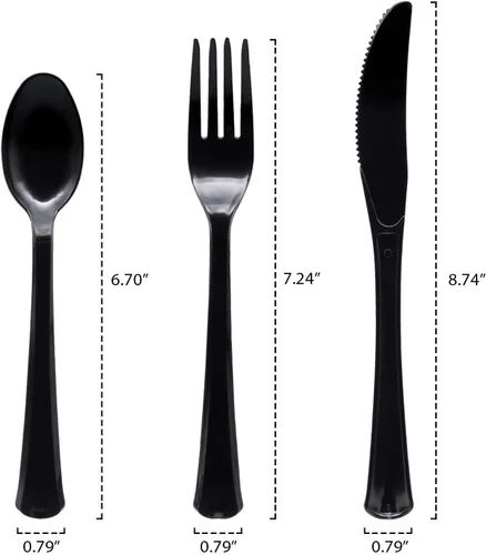 Miniatura 2 de Party Essentials - Paquete combinado de cubiertos de plástico extra resistentes, tamaño completo, cuchillos/tenedores/cucharas, negro, juego para 8