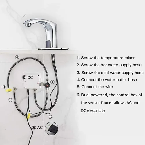 Miniatura 4 de Grifo automático para lavabo de baño con tapa de orificio, sensor de placa, sin contacto, grifo de tocador cromado de doble alimentación, grifo