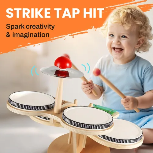 Miniatura 3 de iPlay, iLearn Juego de Batería de Madera para Niños Pequeños, Juguete de Instrumentos Musicales para Niños, Juego de Batería de Percusión 8 en 1