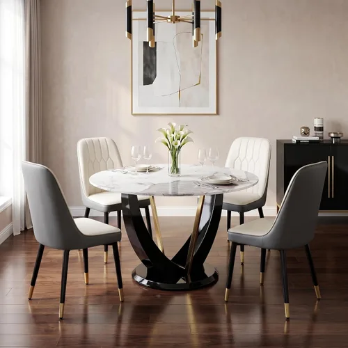 Miniatura 28 de Juego de mesa de comedor redonda de 48'' para 4, juego de mesa y sillas de cocina de mármol, conjunto de 4, mesa redonda con pata de MDF negro