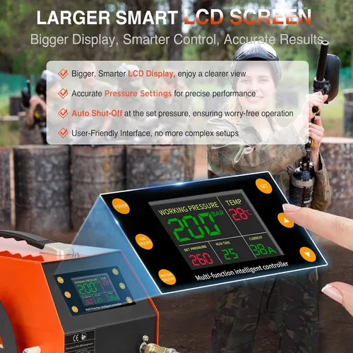Miniatura 3 de Compresor de aire PCP 4500 PSI / 30 MPa, motor de 350 W, pantalla LCD, parada automática, sin agua/aceite, adaptador integrado de 600 W, 12 V CC
