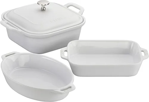 STAUB Juego de 4 sartenes de cerámica para hornear, cacerola con tapa, sartén para brownies, color blanco