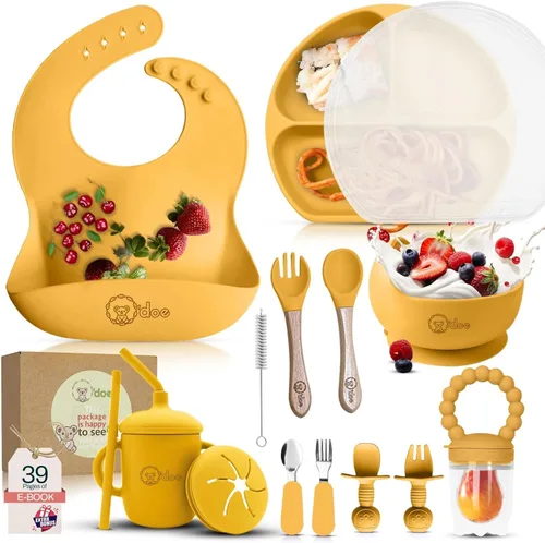 Miniatura 7 de O'doe Juego de alimentación para bebé de 17 piezas sin BPA de silicona Placas de succión gruesas y suaves, tazones para bebé, tenedor y cuchara