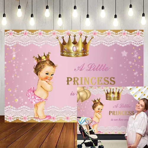 Telón de fondo de princesa para baby shower para niña, 8 x 6 pies, corona dorada, encaje rosa, fondo de fotografía con texto en inglés "A Little