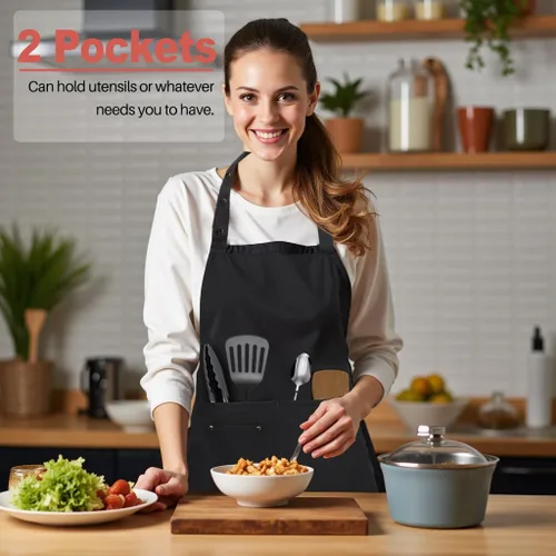Miniatura 3 de Paquete de 2 delantales de cocina ajustables para mujeres y hombres con bolsillos, delantal de trabajo, parrilla, restaurante