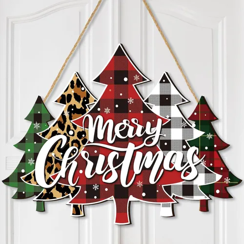 Miniatura 10 de BBTO Letrero de puerta con texto en inglés "Merry Christmas", diseño de búfalo a cuadros, árbol de Navidad, decoración de árbol de Navidad