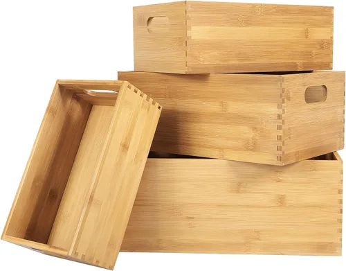 ANMINY Juego de 4 cajas de madera anidables para almacenamiento, contenedores de almacenamiento de madera de bambú, cajas de almacenamiento de