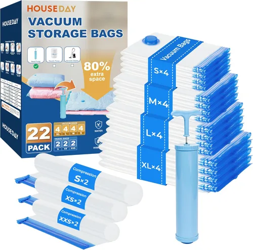 Miniatura 13 de HOUSE DAY Paquete de 22 bolsas de almacenamiento al vacío con bomba, bolsas de sellado al vacío para ahorrar espacio para ropa y viajes, 4 jumbo/4
