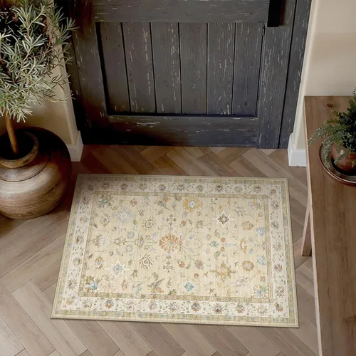 Miniatura 2 de HUGEAR Alfombra de entrada de 2 x 3 pulgadas, vintage, beige, pequeña, lavable a máquina, retro, floral, alfombra de pelo bajo, aspirable