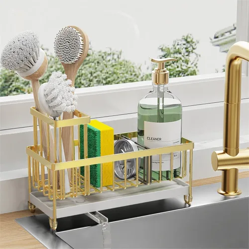 Miniatura 21 de Cisily Soporte de esponja negro extra grande para fregadero de cocina, organizador de fregadero con soporte alto para cepillos, organizadores