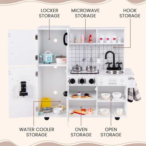 Miniatura 5 de INFANS Juego de cocina para niños, juego de cocina de madera con luz y sonido realistas, estufa, fregadero, microondas, armario de almacenamiento