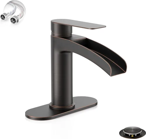 Miniatura 10 de Phiestina Grifo de cascada de una sola manija para lavabo de baño en acabado dorado cepillado, con placa de cubierta de 6 pulgadas, montaje de Oro