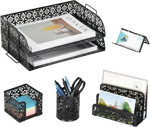 EasyPAG Set organizador de escritorio 5 en 1 – Incluye 2 Charolas tamaño papel Carta, Clasificador de cartas, soporte de bolígrafos, recipiente para