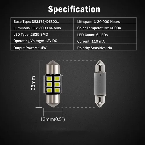 Miniatura 2 de 4 bombillas LED Festoon DE3175 de 1.102 in y 1.142 in, 2835 chipsets Canbus sin errores, 1.1 pulgadas, DE3021 3175 3022 N3, bombillas LED