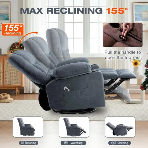 Miniatura 4 de Silla reclinable giratoria para adultos, reclinable mecedora con masaje por vibración y calor lumbar, mecedora ergonómica con bolsillo lateral, 2