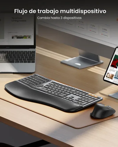 Miniatura 6 de ProtoArc Teclado y mouse ergonómico, EKM01 Plus Combo de teclado y mouse inalámbricos Bluetooth de tamaño completo, reposa muñecas acolchado, diseño