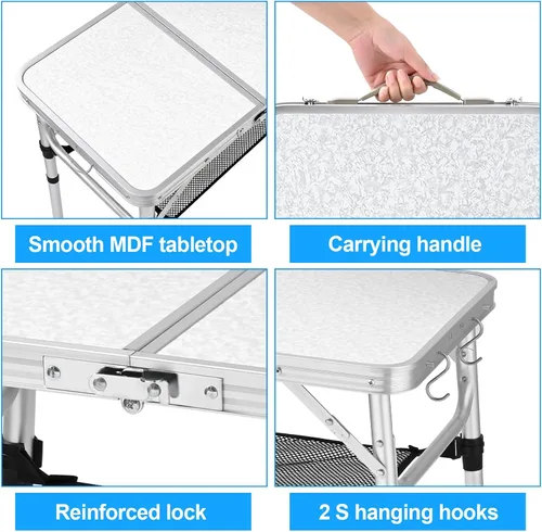Miniatura 4 de YUFIFAIRY Mesa de campamento plegable pequeña, mesa portátil de 2 pies con 3 alturas ajustables, mesa de picnic plegable ligera de aluminio con capa