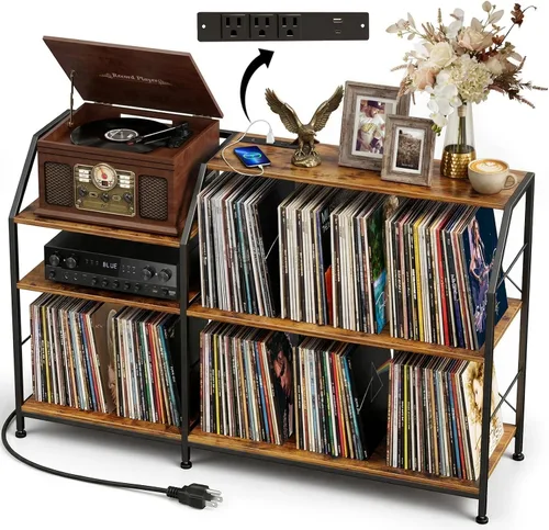 Faesun Soporte grande para tocadiscos de 51.7 pulgadas con almacenamiento de discos de vinilo y tomas de corriente, gabinete de almacenamiento de