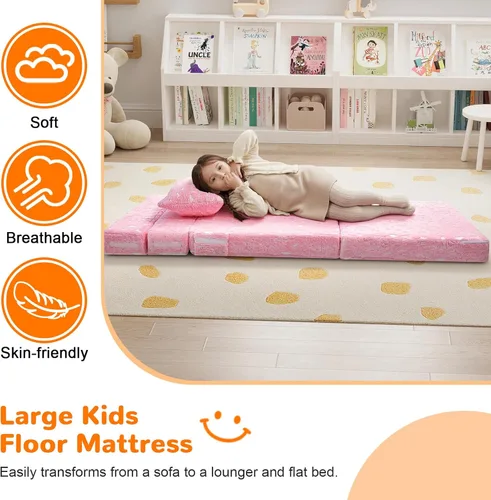 Miniatura 4 de MeMoreCool Sofá cama triple de unicornio rosa brillante para niños, futón plegable y sofá de suelo, colchón convertible triple para sala