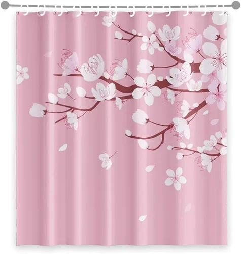 Cortina de ducha japonesa con flores de cerezo blanco, pétalos que caen, decoración de fondo rosa, tela impermeable, cortina de baño floral,