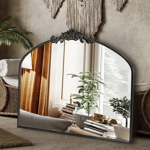 Miniatura 2 de OUSHUAI Espejo arqueado negro para pared, decoración de espejo barroco para chimenea, espejo de pared de latón, espejos ornamentados para entrada