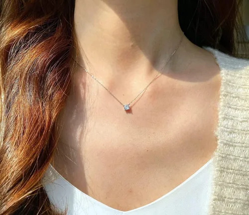 Miniatura 3 de ASCOMY Delicado collar con colgante solitario de diamante de circonita cúbica para mujer, chapado en oro de 14 quilates, redondo y cuadrado