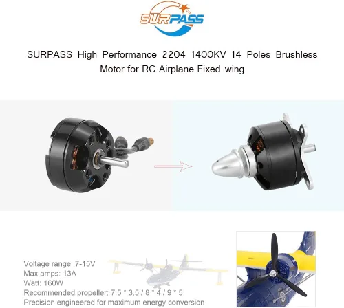 Miniatura 5 de Goolsky Supere el alto rendimiento 2204 1400KV 14 polos motor sin escobillas para el avión RC Ala fija