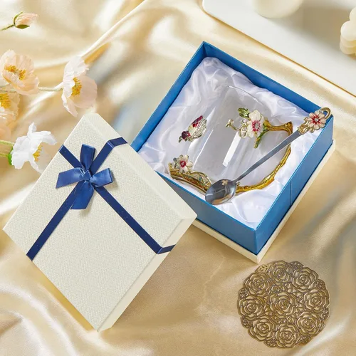 Miniatura 3 de Taza de té con flores, taza de café de vidrio transparente elegante con cuchara, caja de regalo para ella, mamá, esposa, abuela, niñas, amigas, idea