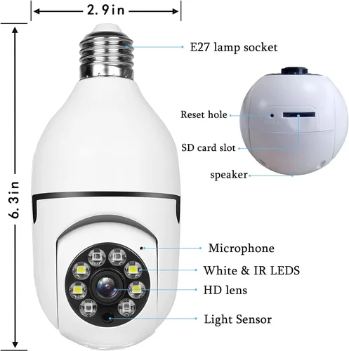 Miniatura 2 de Cámara 360, bombilla Full HD 1080P, cámara WiFi de 2.4 GHz con tarjeta SD de 32 G, visión nocturna, detección de movimiento, cámaras de seguridad