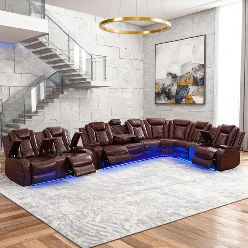 Miniatura 10 de Juego de sofá modular reclinable eléctrico para sala de estar, juego de sofá reclinable de cuero con luces LED / almacenamiento oculto, sofá