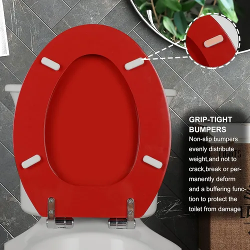 Miniatura 4 de Asiento de inodoro alargado rojo de madera natural con bisagras de aleación de zinc, fácil de instalar y también fácil de limpiar, asiento