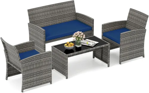 Miniatura 24 de HAPPYGRILL Juego de 4 muebles de mimbre para exteriores con mesa de centro de vidrio templado, cojines suaves, juego de sillas de ratán resistentes