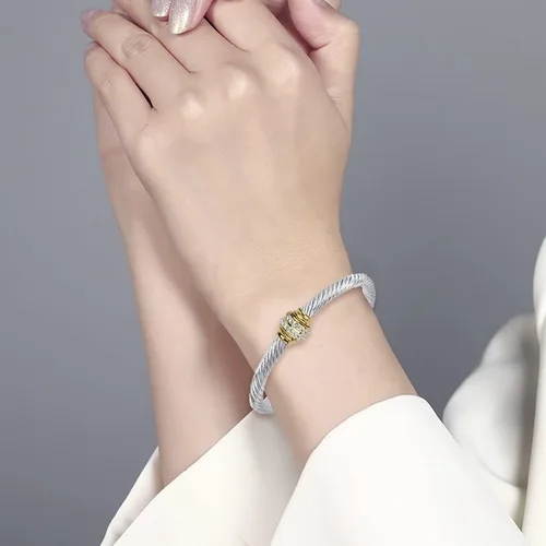 Miniatura 2 de Tiyad Pulsera de cable de acero inoxidable vintage con alambre trenzado compuesto abierto, pulsera ajustable para mujeres y hombres, niñas