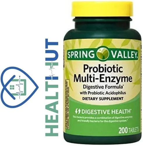 Spring Valley - Tabletas probióticas de fórmula digestiva multienzimática, 200 unidades + 1 mini recipiente de píldoras con llavero (los colores