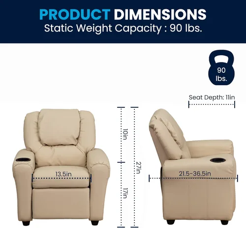 Miniatura 2 de Flash Furniture - Sillón reclinable contemporáneo para niños, color beige vinilo con base para vasos y reposacabezas