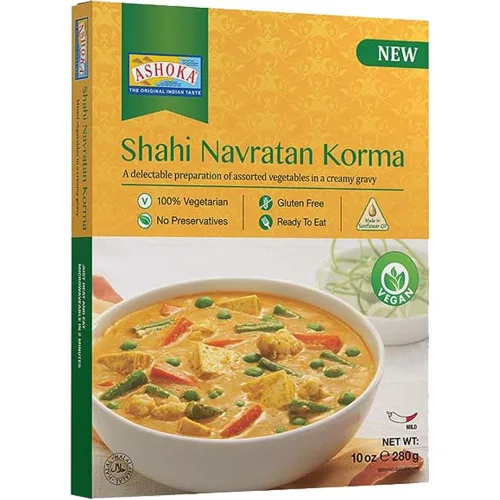 Ashoka Comidas indias tradicionales 1932, curry de verduras mixtas veganas, platos principales listos para comer para microondas, Shahi Navratan