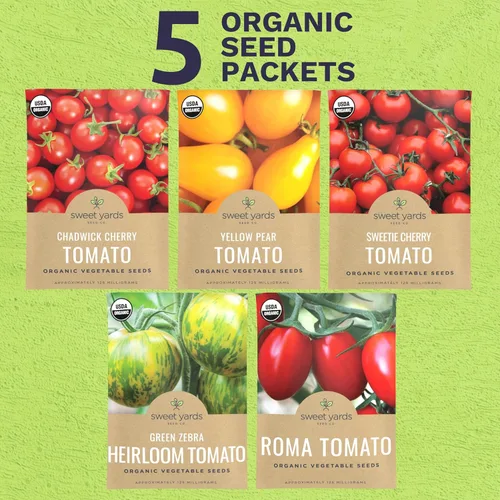 Miniatura 2 de Paquete variado de semillas de tomate cherry orgánico, 5 paquetes individuales, temporada 2026, cebra verde, cereza dulce, chadwick, pera amarilla
