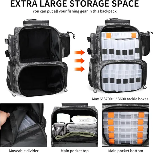 Miniatura 3 de Rabjen Mochila de aparejos de pesca con soportes para caña, soporte para botellas, bolsa de almacenamiento, tienda de equipo de pesca Camuflaje Negro