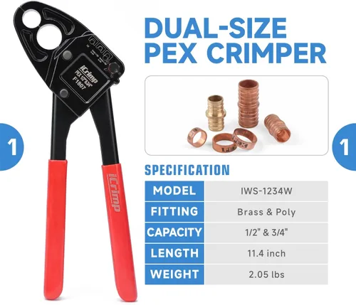 Miniatura 2 de iCRIMP ICP-1234AH Kit de Herramientas de Crimpado PEX - Anillos de Crimpado de Cobre de 1/2 pulgada y 3/4 pulgada, Crimpadora de Doble