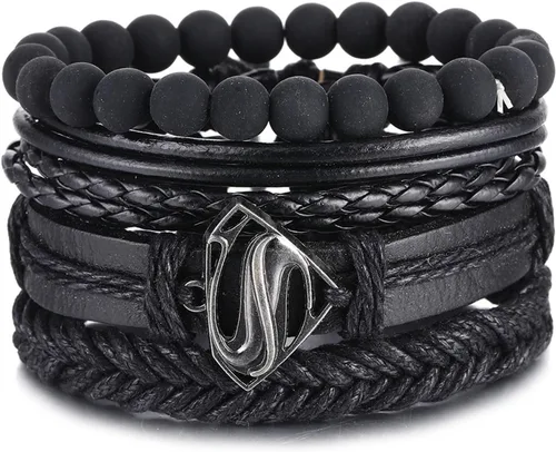 Miniatura 5 de Pulsera de cuentas vintage para hombre, pulsera de cuero triángulo hueco de moda, pulsera multicapa ancha envuelta para hombres