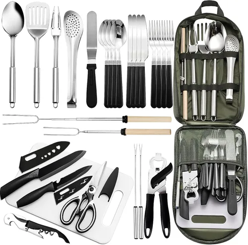 Juego de utensilios de cocina portátil para acampar de 27 piezas, kit de utensilios de cocina de acero inoxidable para cocinar y asar al aire libre,