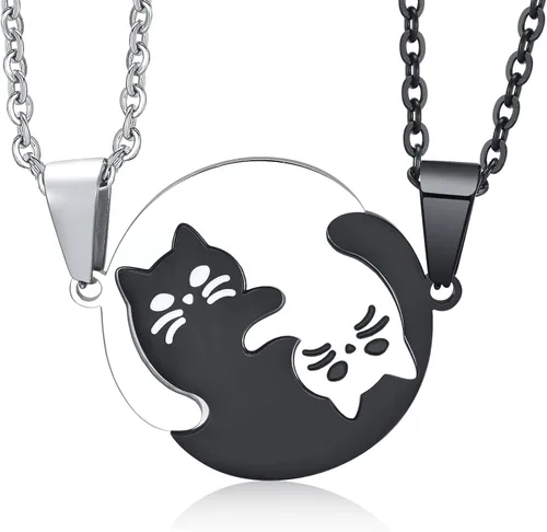 Collar a Juego para Parejas, Collar Personalizado con Colgante de Gato Mascota Yin Yang, Collares de Promesa de Novio y Novia para Él y Ella, Regalo