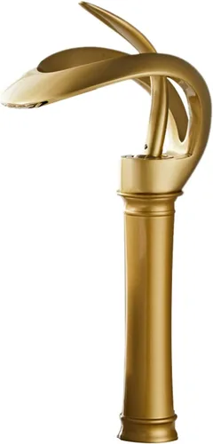 Grifo de Lavabo para Baño de Diseño Alto y Hueco en Estilo Granja, con Boquilla en Cascada de Oro Antiguo, de una Sola Manija, de un Solo Agujero,
