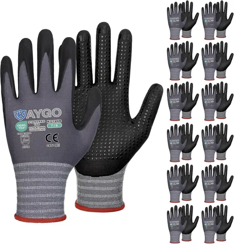 KAYGO MicroFoam - Guantes de trabajo con revestimiento de nitrilo, 12 pares KG19N de nailon de punto sin costuras, micropuntos para un mejor agarre,