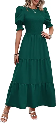Miniatura 154 de BTFBM Vestidos para mujer, cuello redondo, casual, de verano, con volantes, manga corta, bohemio, con niveles, fruncido, largo, con estampado floral