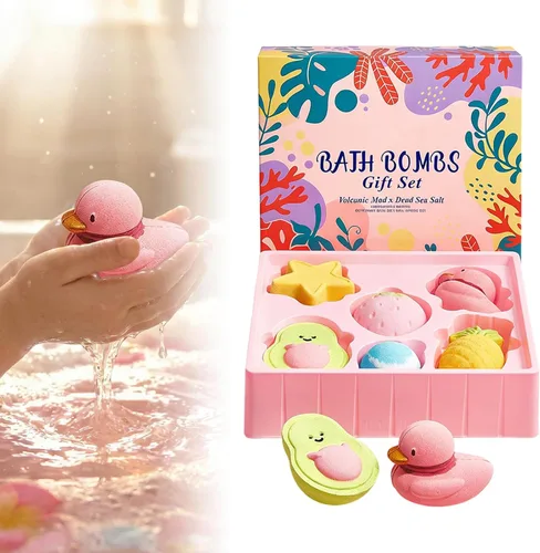 Miniatura 10 de Juego de 6 bombas de baño para mujer, juego de 6 piezas de barro volcánico y sal del mar muerto, cómoda y bonita bola de sal de baño de frutas