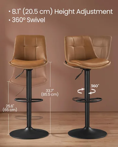 Miniatura 7 de VASAGLE Taburetes de bar, juego de 2 sillas de bar giratorias, altura ajustable, acolchado, taburetes de cocina de cuero sintético con respaldo