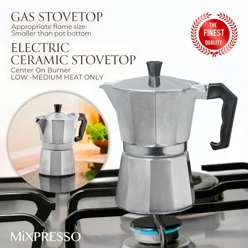Miniatura 6 de Mixpresso Moka Pot 3 tazas (5 onzas en total) – Cafetera de café espresso para estufa de gas y eléctrica, cafetera cubana e italiana de aluminio