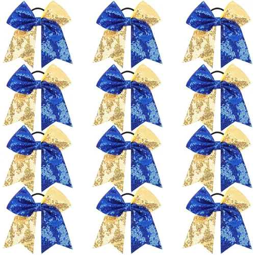 Miniatura 11 de Oaoleer 12 lazos grandes con purpurina para el pelo de 7 pulgadas, banda elástica hecha a mano para animadoras, adolescentes, niñas, deportes Negro